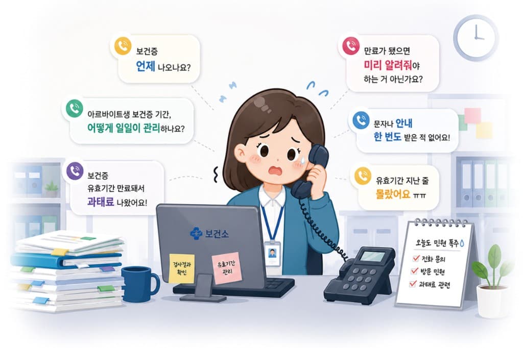 보건소에 반복적으로 들어오는 보건증 관련 민원 문의 모습